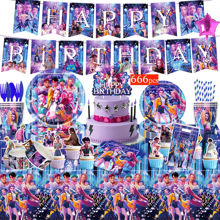 K-Pop D-Demon H-Hunter Birthday Party Decoration Cartoon Anime Hunter Figures Balloons Cake Topper Banner Birthday Decoration